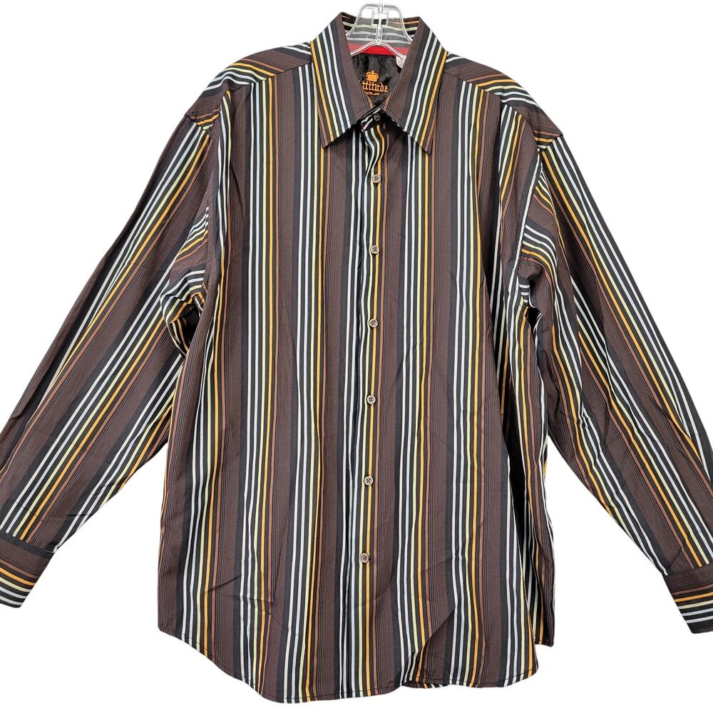 Attitude Gold Brown Preppy Shirt Stripe Classic Button Up Long Sleeve Men Size L